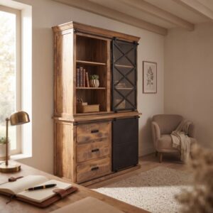 Een foto van de buffetkast mangohout 120cm, genomen vanuit de hoek van een bureau. Op het bureau ligt een open notitieboekje met een pen. De kast is ingericht met boeken en planten. Rechts van de kast staat een comfortabele fauteuil met een deken, en aan de muur hangt een botanische print. De algehele sfeer is rustig en uitnodigend.