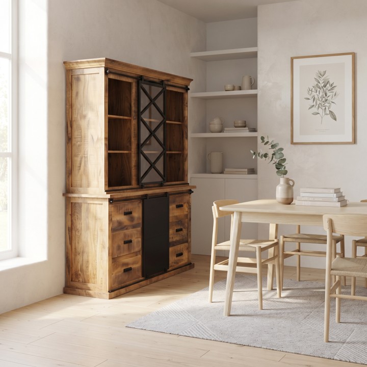 Een schuine vooraanzicht foto van de buffetkast mangohout 160cm, die nu deel uitmaakt van een eetkamerset. Rechts staat een lichte houten eettafel met bijpassende stoelen. De kast is ingericht met diverse decoratieve objecten, en aan de muur hangt een botanische print.