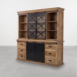 Buffetkast Mangohout 180cm Forge met dubbele glazen schuifdeuren, lades en zwart metaal voor een robuuste uitstraling
