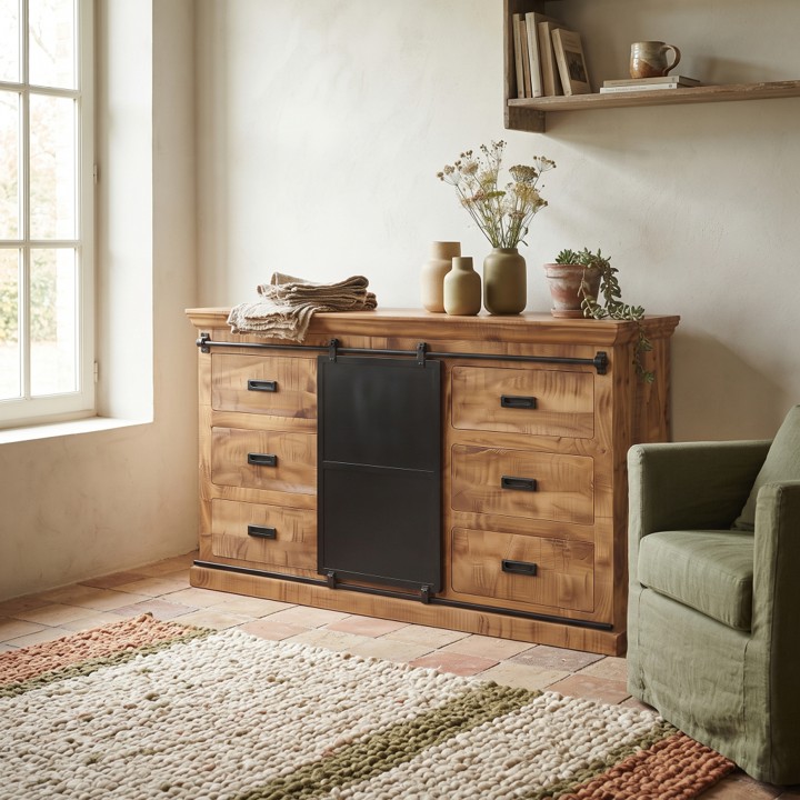 Een landelijk interieur met een terracotta tegelvloer, een grof gebreid kleed, een groene fauteuil en een dressoir mangohout 160cm (Forge) met vazen en boeken.