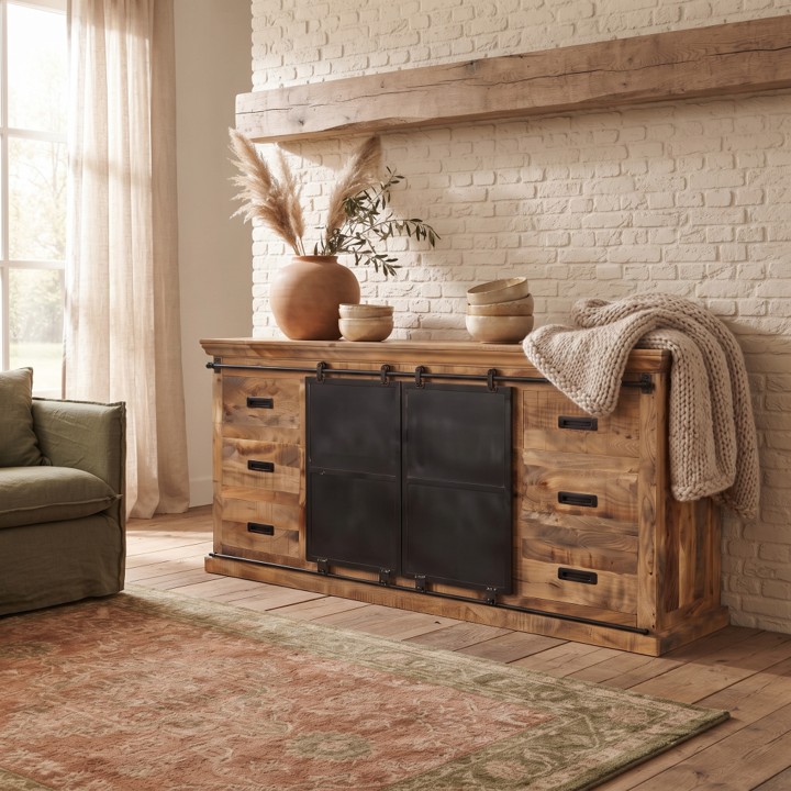 Een landelijk interieur met een witte bakstenen muur, een houten balk, een Perzisch kleed en een dressoir mangohout 180cm (Forge) gedecoreerd met een plaid en vazen.