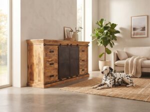 Een lichte woonkamer met een beige bank, een grote kamerplant en een dalmatiër die op een kleed ligt voor het dressoir mangohout 200cm (Forge)