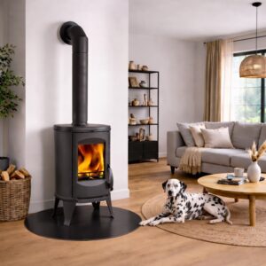 Een gezellige woonkamersetting waarin de Houtkachel Globe Fire Sirius brandt met levendige vlammen in de haard. Op een rond vloerkleed ligt een Dalmatische hond te ontspannen, en op de achtergrond staat een grijze bank en een zwarte boekenkast.