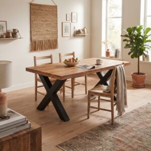 Rechthoekig mangohouten eettafel 200cm 4 Moderne rechthoek eettafel met massief houten blad en zwart X-poot onderstel, met diverse eetkamerstoelen in een huiselijke woonkamer met kinderknutsels aan de muur.