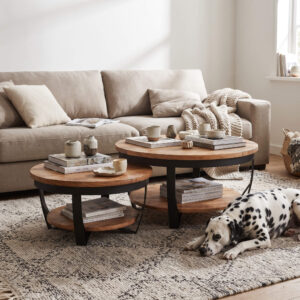 Een close-up van een uitnodigende zithoek met een beige bank en op het vloerkleed een ronde salontafel set mangohout met twee tafels die speels over elkaar heen zijn geschoven. De tafels hebben een warm houten blad en een zwart metalen onderstel met een extra schap. Op de tafels staan decoratieve vazen, boeken en serviesgoed. Rechtsvoor ligt een rustende Dalmatiër hond.