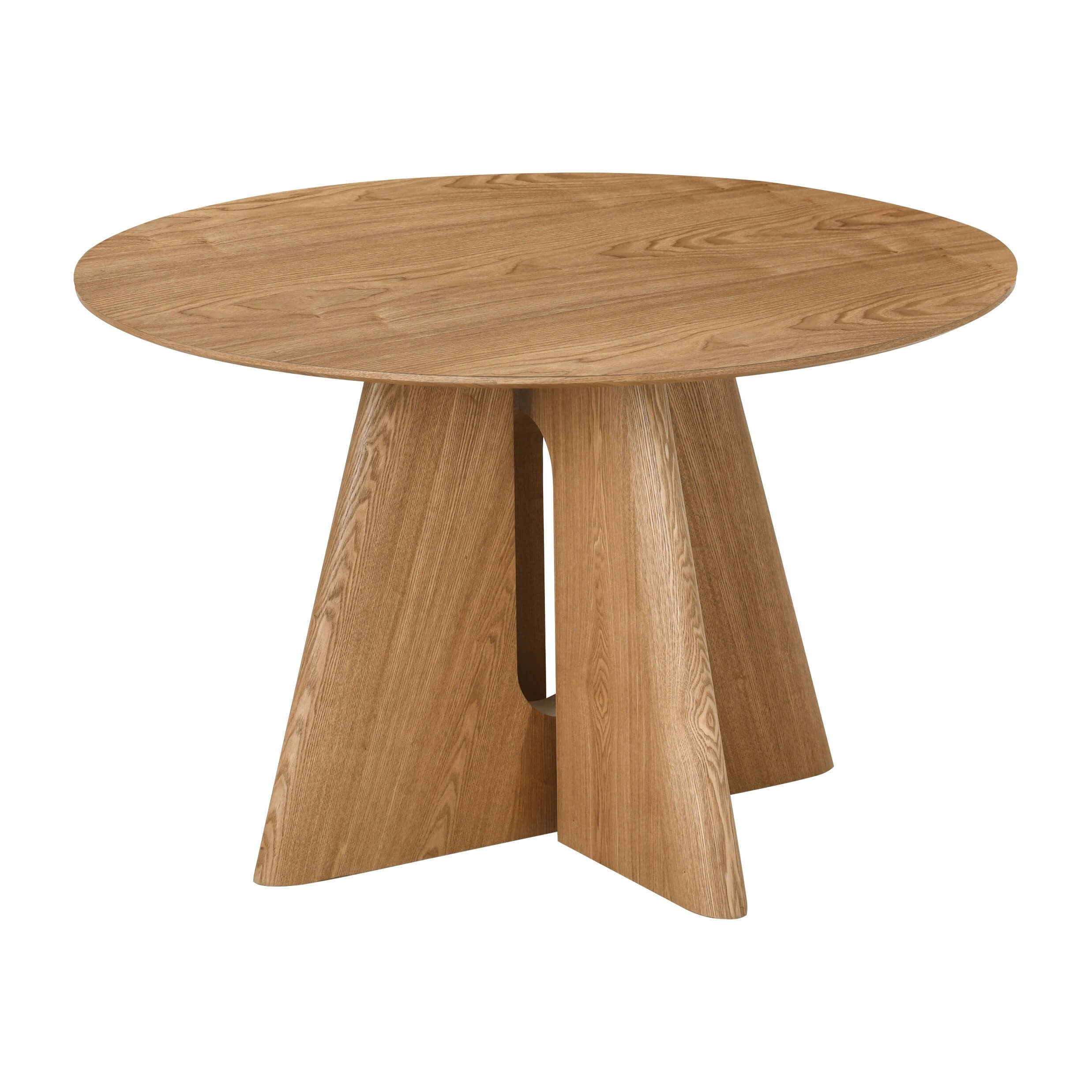 Ronde eettafel 120cm Osaka in een naturelle houtkleur met een uniek boogvormig paneelonderstel