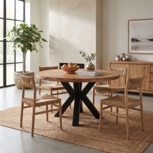 Duurzame ronde eettafel mangohout met spinpoot en gevlochten eetkamerstoelen op een jutevloerkleed