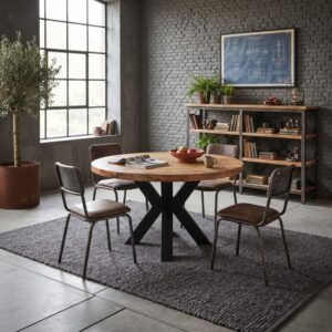 Industriële ronde eettafel mangohout gecombineerd met leren stoelen in een loft interieur met bakstenen muur