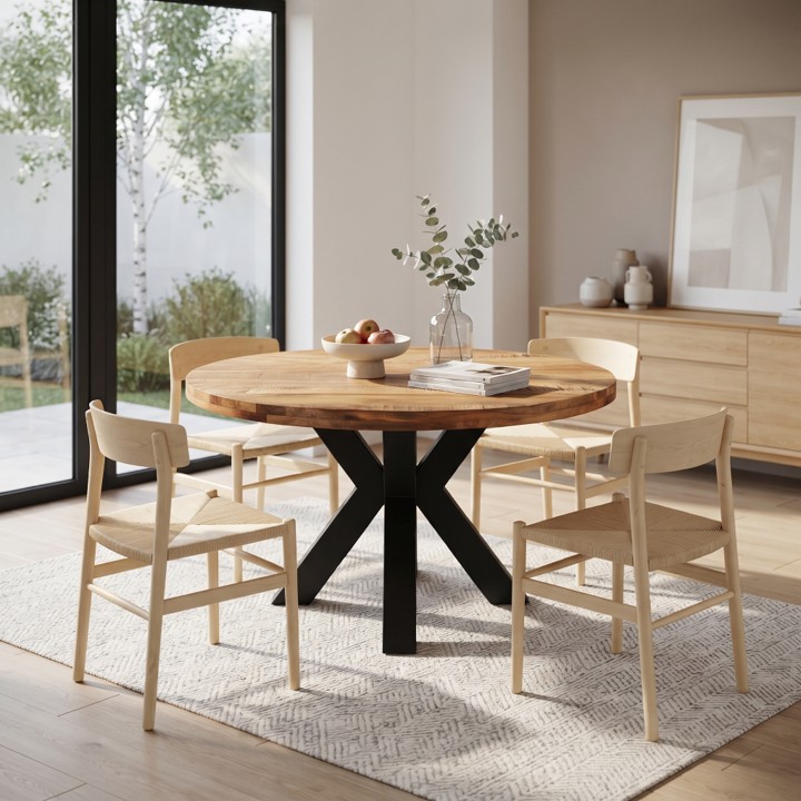 Stijlvolle ronde eettafel mangohout met robuuste zwarte poten en houten stoelen bij een grote raampartij