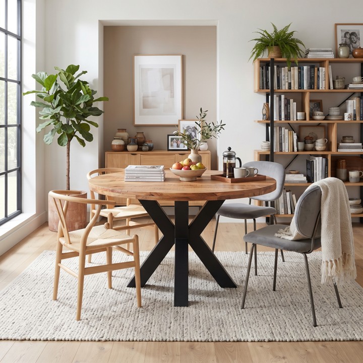 Ronde eettafel mangohout met zwart spinframe in een sfeervol ingerichte woonkamer met eethoek