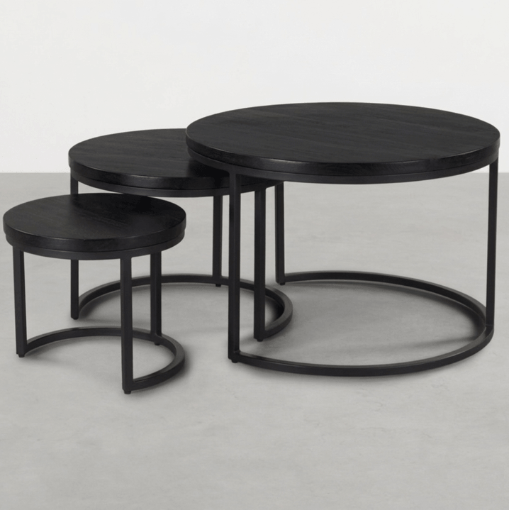 Ronde salontafel set zwart 3 stuks 61cm mangohout