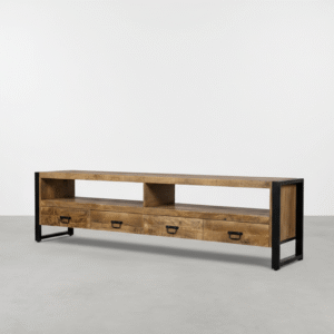 Groot TV meubel Britt 220cm van mangohout met vier lades en een zwart industrieel frame.