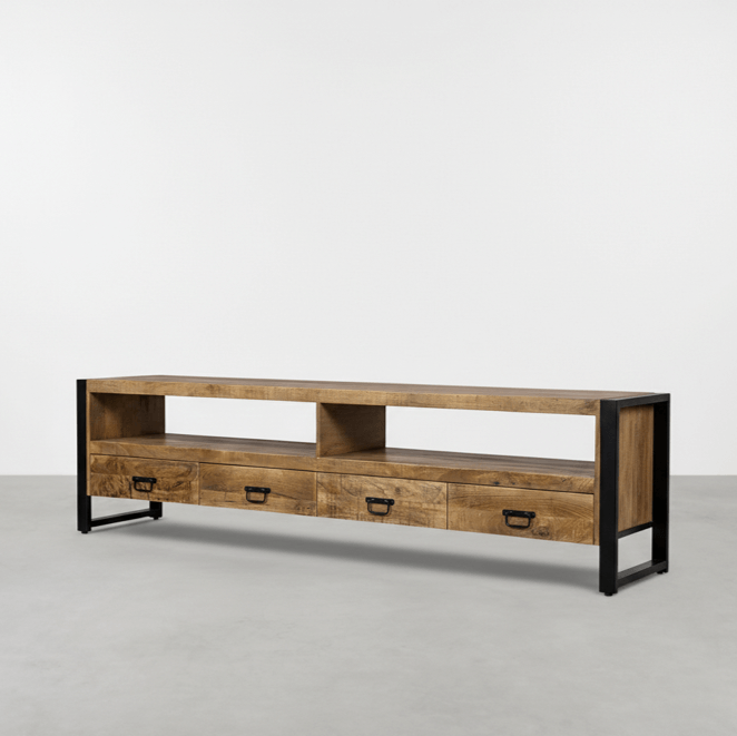 Groot TV meubel Britt 220cm van mangohout met vier lades en een zwart industrieel frame.