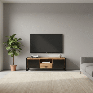 Detailopname van het mangohouten TV meubel Bas met zwarte stalen accenten en robuuste afwerking, verkrijgbaar bij Mooierwonen.nu.