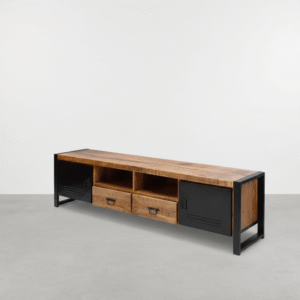 TV meubel Bas 200cm van natuurlijk mangohout met zwart metalen kastdeuren en industrieel design van Mooierwonen.nu