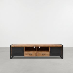 Stijlvol laag TV meubel Bas 200cm in een modern interieur, uitgevoerd in warm mangohout met zwarte accenten