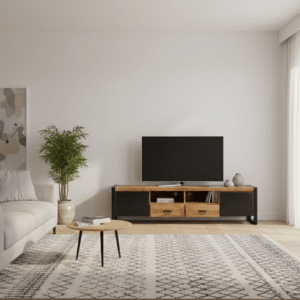 Industrieel mangohouten tv-meubel van 200cm breed met twee open vakken, twee lades en twee deurtjes voorzien van zwart metaal.