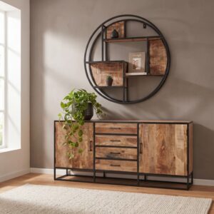Wandrek rond mangohout 100cm boven een bijpassend dressoir in een lichte woonkamer, met planten en boeken.