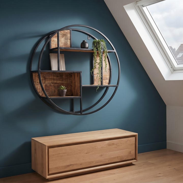 Wandrek rond mangohout 100cm op een blauwe wand, gemonteerd boven een laag houten dressoir, met uitzicht op een dakraam.