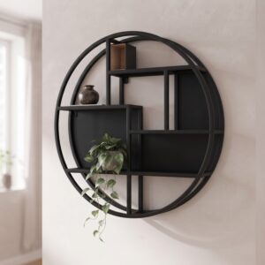 wandrek rond mangohout 80cm zwart met een strak metalen frame, gedecoreerd met een hangplant en een vaasje tegen een lichte muur.