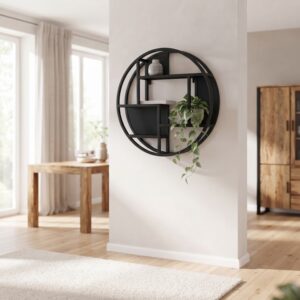 Modern wandrek rond mangohout 80cm zwart met plant en decoratie aan een wand in een lichte open woonruimte met houten meubels.