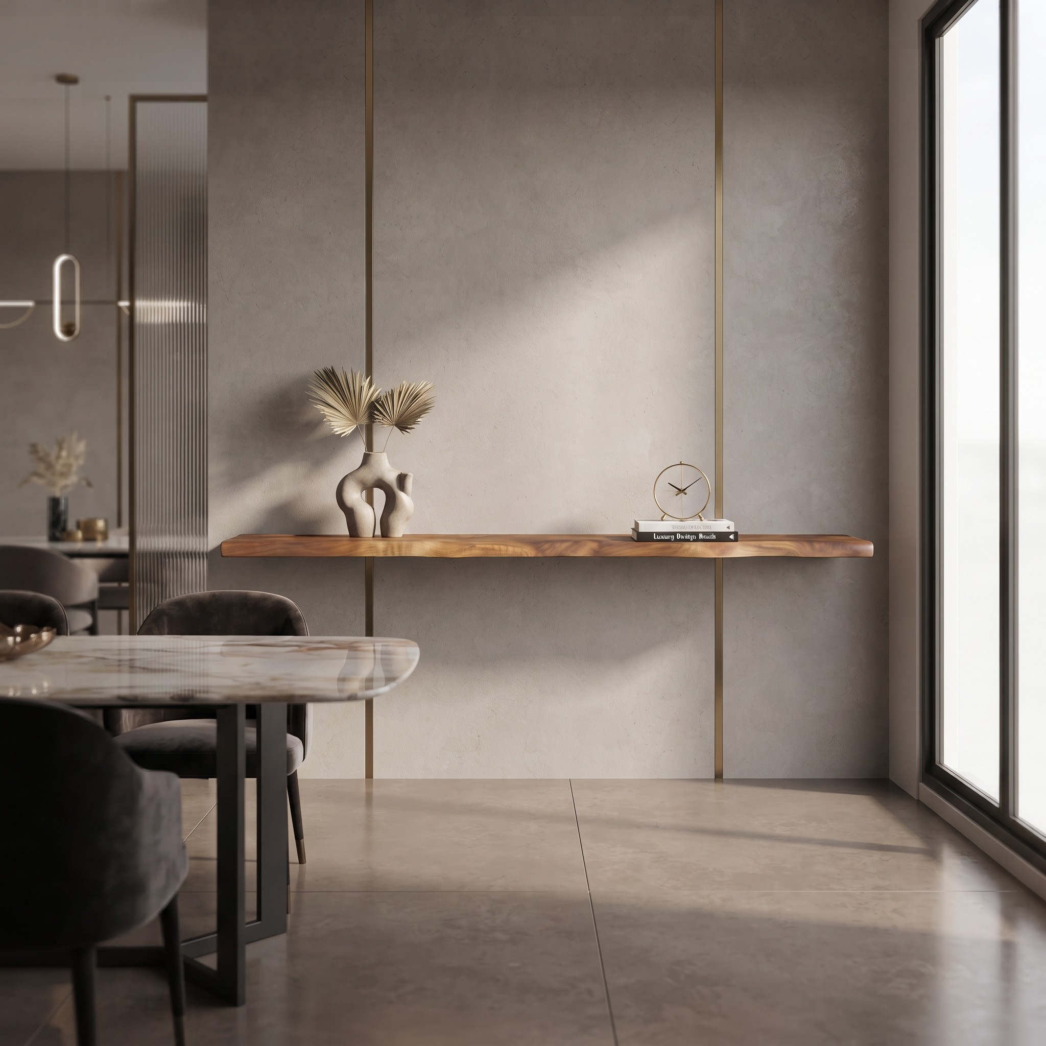 Een modern eetkamerinterieur met een minimalistische Zwevende wandplank Walnoot mangohout 140cm aan een beige wand, versierd met een designvaas met gedroogde bladeren en een messing klok, boven een marmeren eettafel.