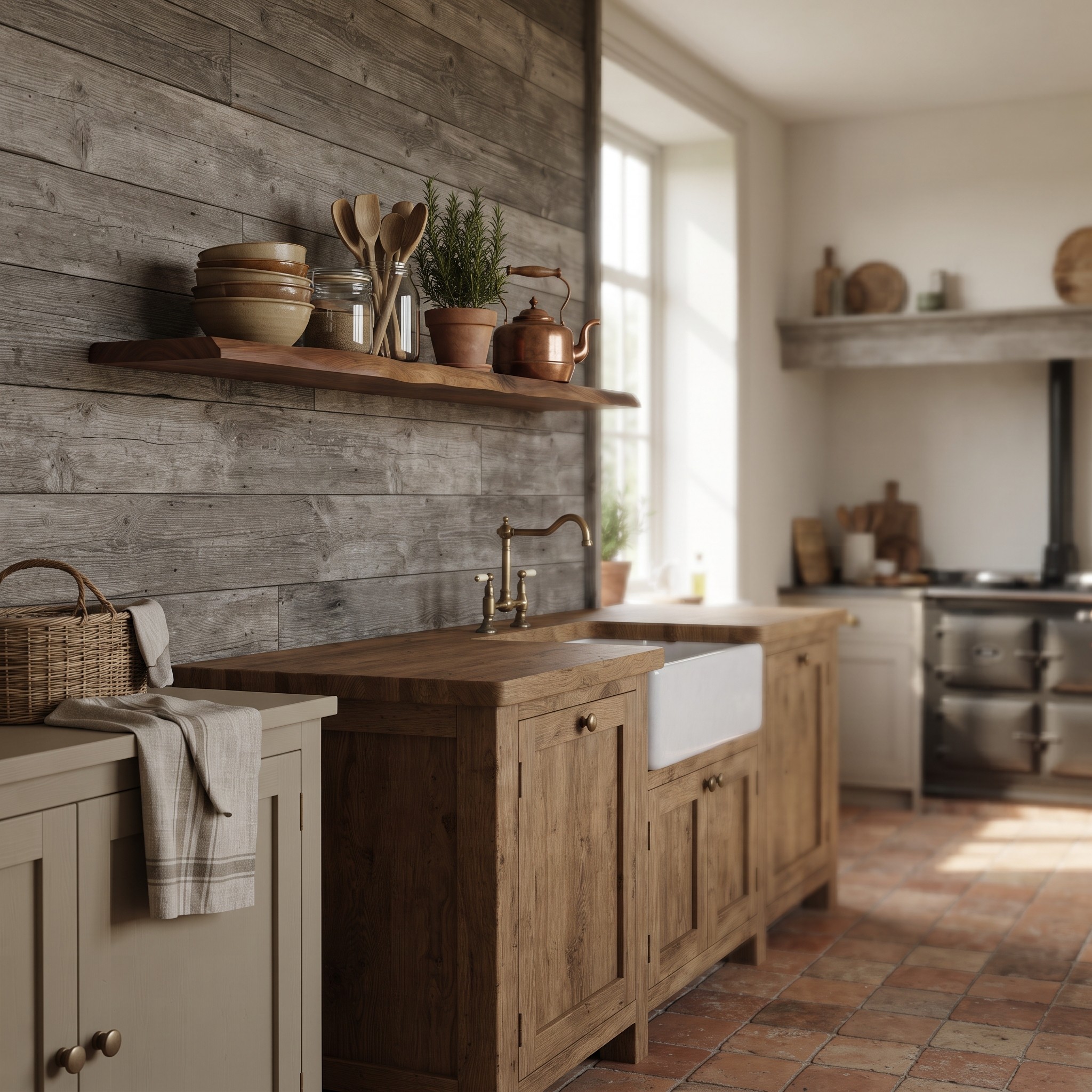 Een rustieke keuken met houten kasten, een boerderijspoelbak en een Zwevende wandplank Walnoot mangohout 140cm aan een verweerde houten muur, vol met keramiek en planten.