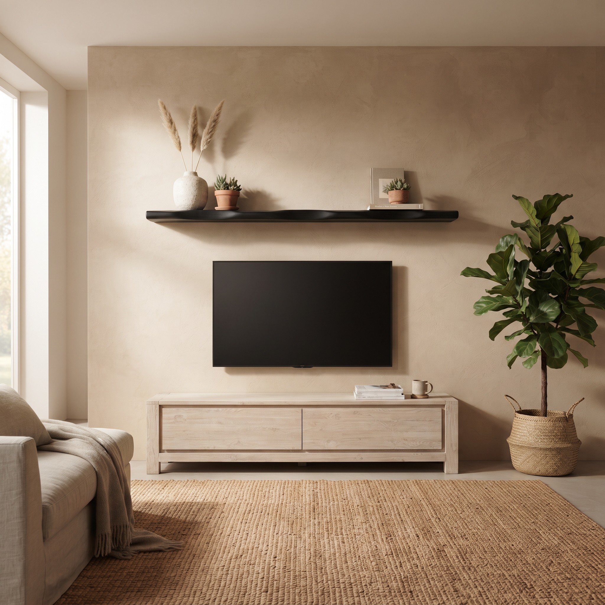 Zwarte mangohouten zwevende wandplank van 180cm geplaatst in een sfeervolle woonkamer boven de televisie.