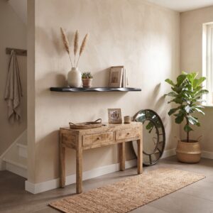 Landelijk moderne hal met een zwevende wandplank van zwart mangohout (240cm) en een bijpassend dressoir.