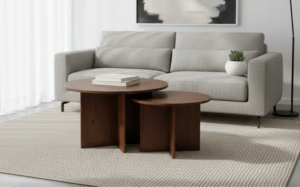 Japandi salontafel set mangohout bestaande uit twee ronde tafels van 80 en 60cm. de perfecte mangohouten salontafel rond.