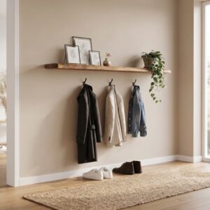 Stijlvolle wandplank mangohout 240cm in een hal of garderobe, gecombineerd met zwarte kledinghaken, jassen, schoenen en decoratieve lijsten.